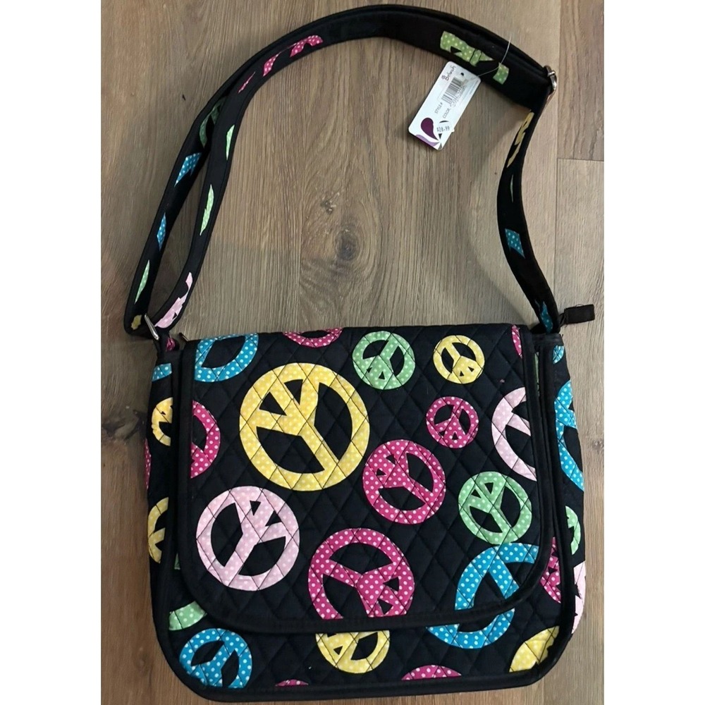 BELVAH Quilted Messenger Bag Purse Peace Signs  Pink NWT Crossbody